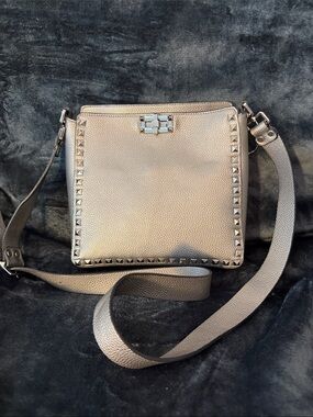 Silver Metallic Gray Studded Crossbody Bag. Vegan new never used.